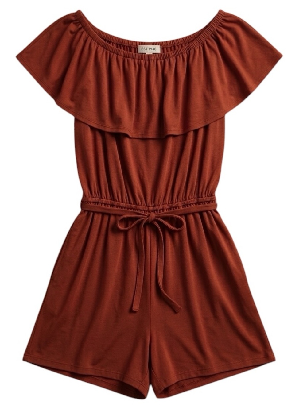 EST 1946 Terracotta Ruffle Off-The-Shoulder Romper - Boho Chic - Picture 2 of 11